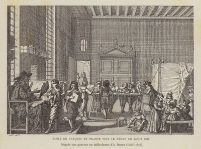 Franse jongensschool tijdens het bewind van Lodewijk XIII (litho) door Abraham (after) Bosse