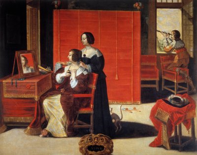 De vijf zintuigen: Het zicht Een jonge vrouw voor haar spiegel terwijl een man een astronomische kijker gebruikt. Schilderij door Abraham Bosse (1602-1676). 17e eeuw. Tours, Museum voor Schone Kunsten door Abraham (after) Bosse