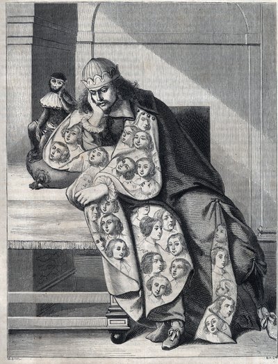 De man vol boosaardigheid: een man met een dubbele jas van vrouwenhoofden mediteert met een aap aan zijn zijde. Reproductie van een prent door Abraham Bosse (1604-1676). door Abraham (after) Bosse