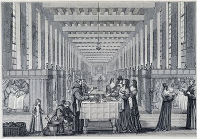 Interieur van de ziekenzaal van het Hôpital de la Charité (ook wel het ziekenhuis van de Frères-de-Saint-Jean-de-Dieu genoemd), in Parijs - Gravure naar Abraham Bosse (1602-1676) - gepubliceerd in 