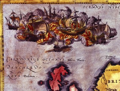 Het einde van de Onoverwinnelijke Armada bij Schotland door Abraham (after) Ortelius