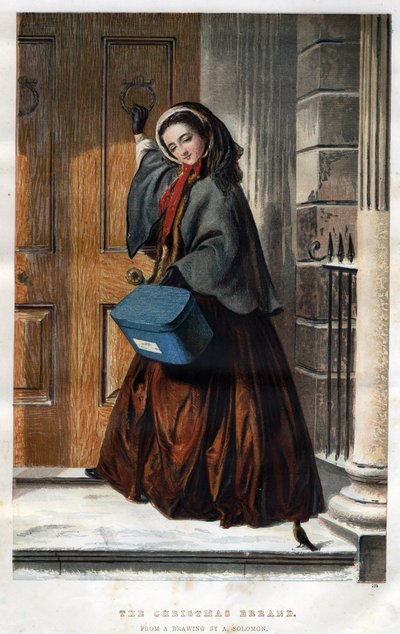 Kerstmis races: een elegante jonge vrouw klopt aan de deur van een huis met een pakket in de hand, illustratie naar een tekening van Abraham Solomon (1824-1862) door Abraham (after) Solomon