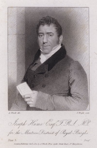 Joseph Hume, Schotse arts, politicus en radicale parlementslid (gravure) door Abraham (after) Wivell