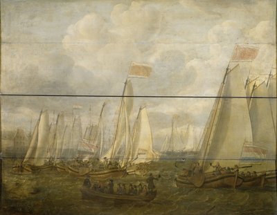 Maritieme optocht op het IJ bij Amsterdam door Abraham  Alewijn