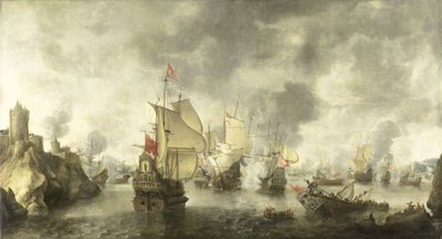Slag van de gecombineerde Venetiaanse en Nederlandse vloten tegen de Turken in de baai van Foya, 1649 door Abraham Beerstraten