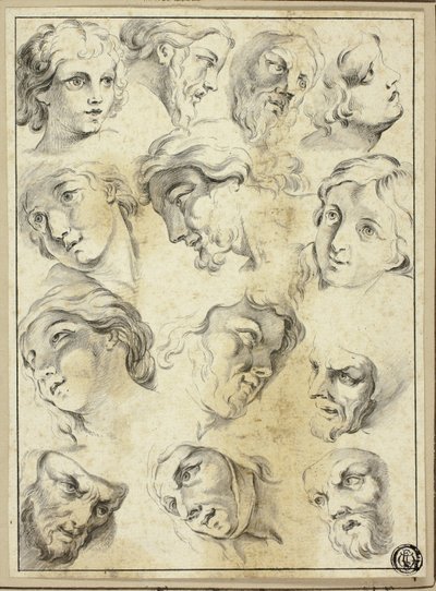 13 Schetsen van verschillende gezichten door Abraham Bloemaert