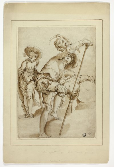 Een staande soldaat, een staande vrouw en een bukkende trommelaar door Abraham Bloemaert