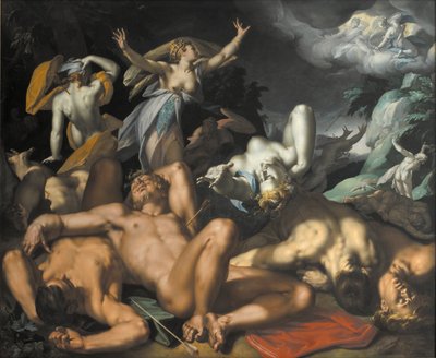 Apollo en Diana straffen Niobe door haar kinderen te doden door Abraham Bloemaert