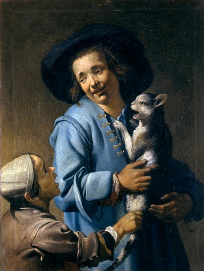 Jongeren die met de kat spelen door Abraham Bloemaert