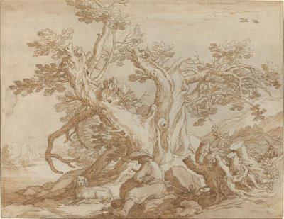 Landschap met zittende figuur en hond door Abraham Bloemaert