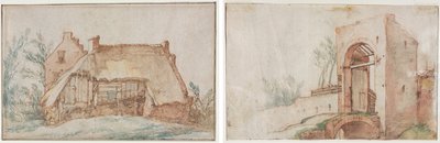 Boerenhuisje (recto); Brug en Poort (verso) door Abraham Bloemaert