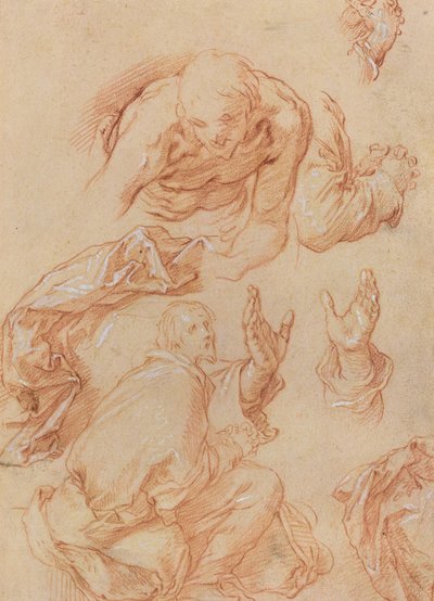 Studies van handen en buigende figuren [verso] door Abraham Bloemaert