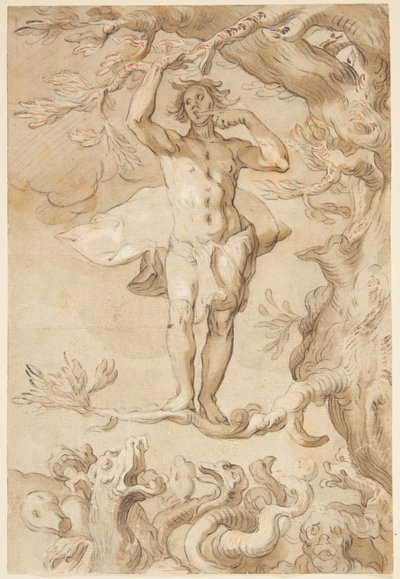 De kwetsbaarheid van menselijk geluk. Een man achtervolgd door een draak klampt zich vast aan een boom en likt honing van zijn vingers door Abraham Bloemaert