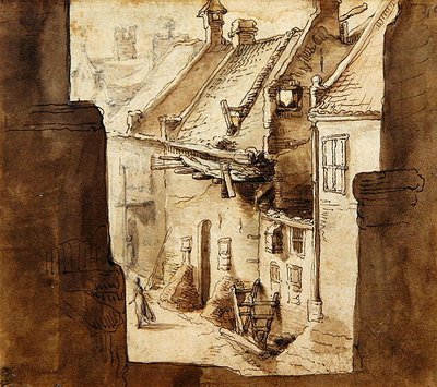 Uitzicht vanaf de Wallen in een steeg door Abraham Bloemaert