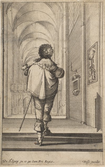 Een heer van achteren gezien die een kerk binnenloopt, ca. 1629 door Abraham Bosse