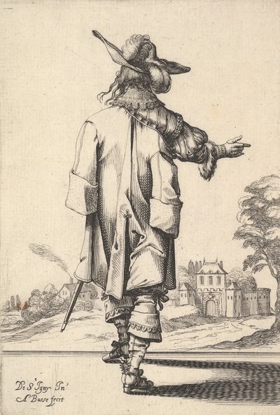 Een heer, gezien van achteren, met zijn rechterarm uitgestrekt en een mantel over zijn linker... , 1629 door Abraham Bosse