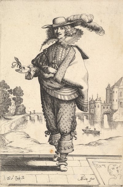 Een heer die voor een groot kasteel staat en een gevederde hoed en een kanten kraag draagt..., 1629 door Abraham Bosse