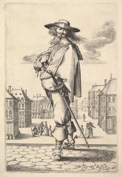 Een heer, driekwart naar links gedraaid, met een hoed en laarzen met sporen, drag..., 1629 door Abraham Bosse