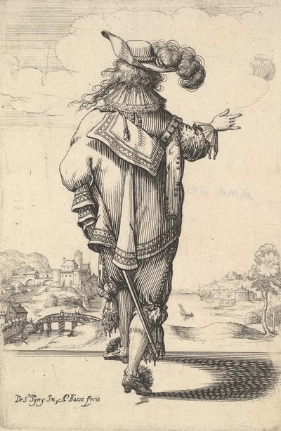 Een heer met een gevederde hoed en een zwaard, gezien van achteren, zijn rechterarm uitgestrekt door Abraham Bosse