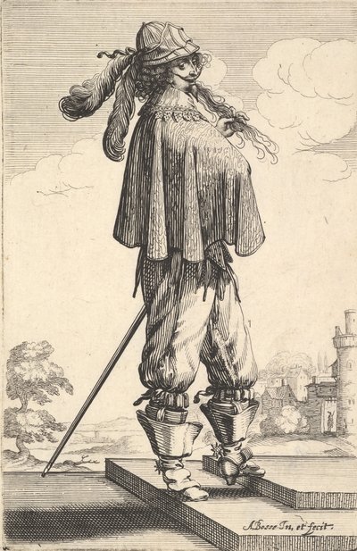 Een heer met een korte jas, een helm en laarzen met sporen, staand op de treden, 1629 door Abraham Bosse