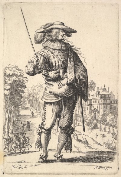Een heer met zijn hoofd naar rechts in profiel gedraaid, met een gevederde hoed en een, 1629 door Abraham Bosse