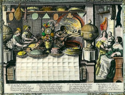 Een banketbakkerij in de 17e eeuw: de achterwinkel waar bakkers en banketbakkers taarten en broden maken en bakken, en klanten in de winkel. Taartvormen hangen aan de muur. Gravure door Abraham Bosse (1602-1676) door Abraham Bosse