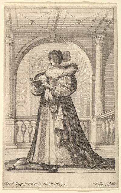 Een vrouw staand, naar links in profiel, met een hoed en een kanten kraag, lezend... door Abraham Bosse