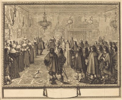 Ceremonie van het Huwelijkscontract tussen Vladislas IV, Koning van Polen, en LouiseMarie van Gonzaga, Prinses van Mantua, in Fontainebleau door Abraham Bosse