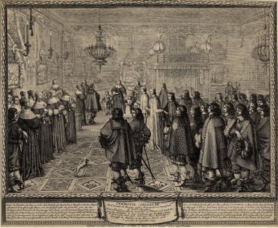 Ceremonie van het huwelijkscontract tussen Wladyslaw IV, koning van Polen en Marie Louise Gonzaga door Abraham Bosse