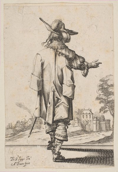 Heer Gezien van Achteren Wijzend naar een Kasteel, 1629 door Abraham Bosse