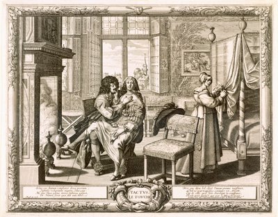 Echtgenoot met vrouw op schoot bij de open haard, Bosse, Abraham (1602-76) door Abraham Bosse