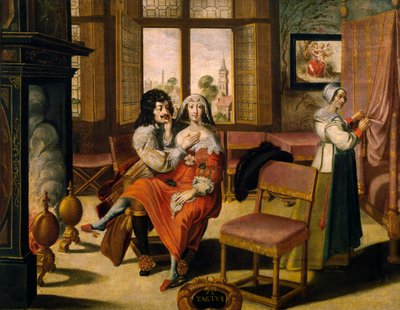 Het gevoel van aanraking, ca. 1635, door Abraham Bosse (1604-1676), naar schilderij uit serie van 5 door onbekende kunstenaar, Frankrijk door Abraham Bosse