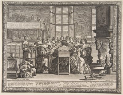 Vrouwen aan Tafel Tijdens de Afwezigheid van Hun Echtgenoten, ca. 1635-36 door Abraham Bosse