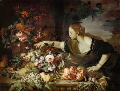 Vrouw met bloemen en fruit. 1669 door Abraham Brueghel