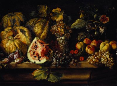Stilleven van watermeloen, druiven, pruimen, perziken, kersen en ander fruit op een richel door Abraham Brueghel