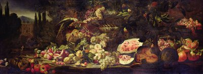 Stilleven van fruit met een groene papegaai en een zilveren vaas door Abraham Brueghel