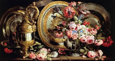 Stilleven met zilver en bloemen door Abraham Brueghel