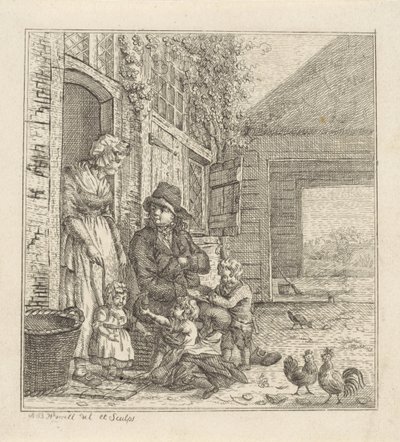 Man en vrouw met kinderen bij een deuropening door Abraham Bruinings Worrel