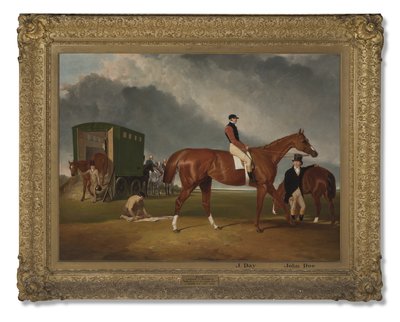 Portret van Lord George Bentincks paard Elis met ruiter, John Day, en trainer, John Doe, Doncaster, 1836 door Abraham Cooper