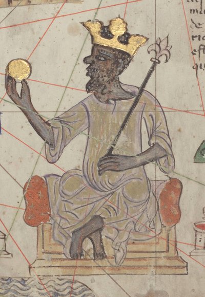 Detail van de Catalaanse Atlas, Blad 6, met Mansa Musa op de troon, 1375 door Abraham Cresques