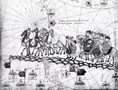Ms Esp 20 paneel 4, Handelaren op weg naar Cathay, China, in de voetsporen van Marco Polo, detail van de familie van Marco Polo die per kameelkaravaan reist, uit de Catalaanse Atlas gepubliceerd voor Charl door Abraham Cresques