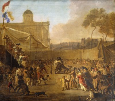 Een menigte kijkt naar berengevechten op een stadsplein door Abraham Danielsz. Hondius
