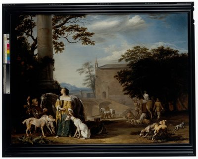 Een bebost landschap met jagers en hun dieren rustend bij een waterplaats door Abraham Danielsz. Hondius