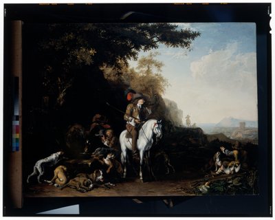 Een uitgestrekt landschap met een jachtgezelschap rustend bij een waterbak en een sportman die schiet door Abraham Danielsz. Hondius