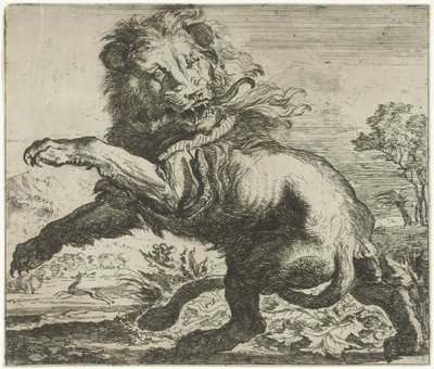 Leeuw en slang in gevecht door Abraham Danielsz. Hondius