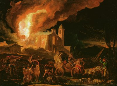 Soldaten plunderen een brandend klooster door Abraham Danielsz. Hondius