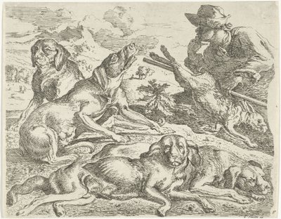 Vier honden, een jager en een haas door Abraham Danielsz. Hondius