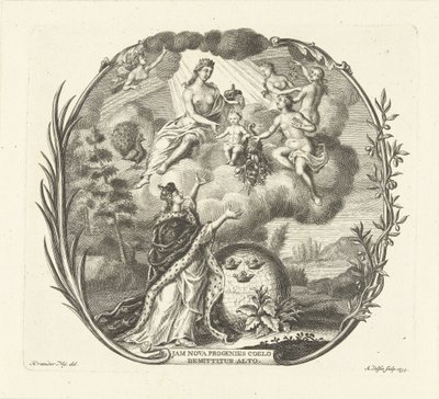 Allegorie op de geboorte van een kind met Juno en Overvloed door Abraham Delfos