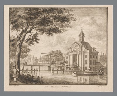 Gezicht op de Marepoort te Leiden door Abraham Delfos
