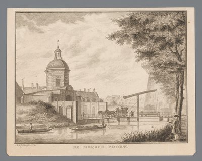 Gezicht op de Morspoort te Leiden door Abraham Delfos